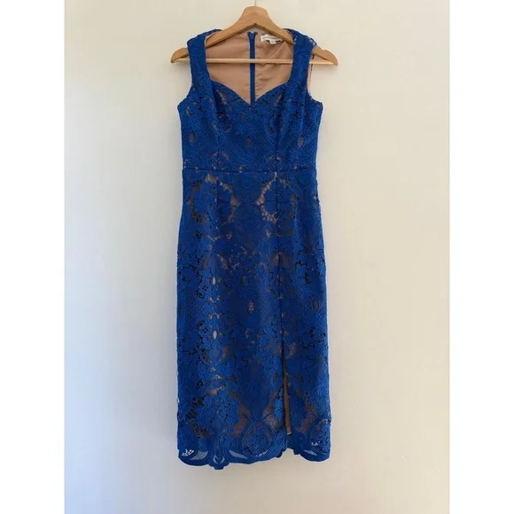 DRESS THE POPULATION Jayleen Electric Blue Lace Midi Cocktail Dress size S EUC - Picture 1 of 9